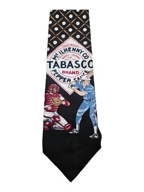 Y2K Tabasco Black 100% Silk Tie with Red and Blue Baseball Graphics